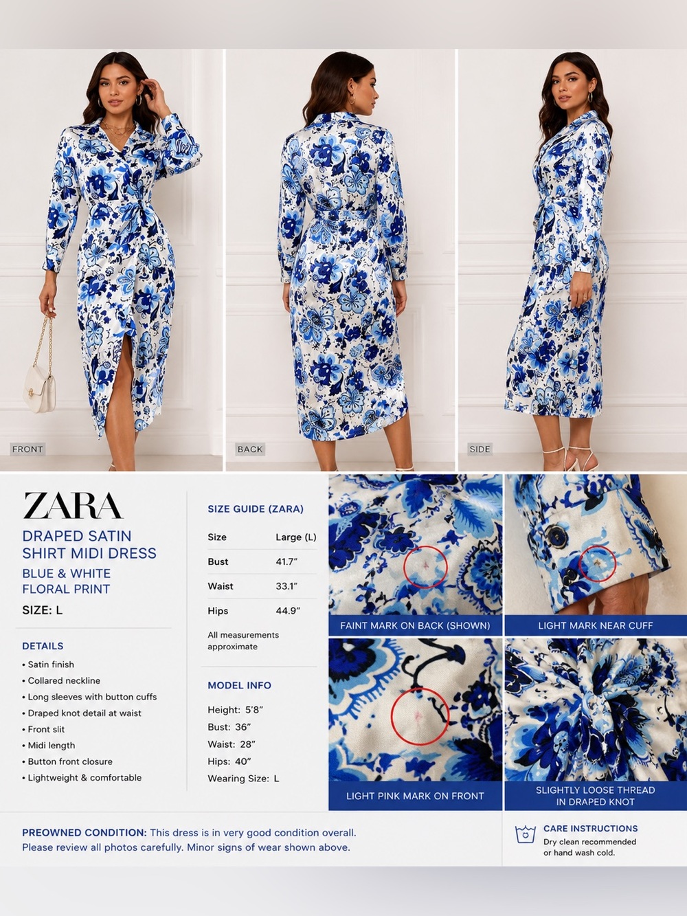 Zara Draped Satin Shirt Midi Dress in blue and white floral print - Size L